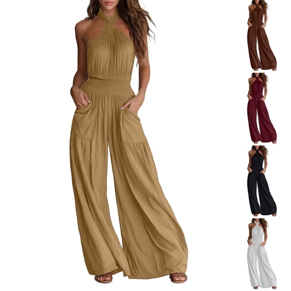 Aimik Womens Backless Jumpsuits Sleeveless Halter Ruched Waist Wide Leg Jumpsuits Summer Vacation Trendy One Piece Jumpsuit for Women