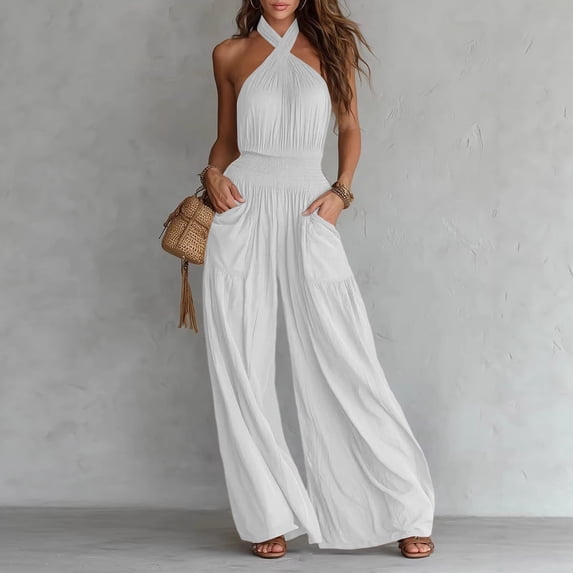 Aimik Womens Backless Jumpsuits Sleeveless Halter Ruched Waist Wide Leg Jumpsuits Summer Vacation Trendy One Piece Jumpsuit for Women