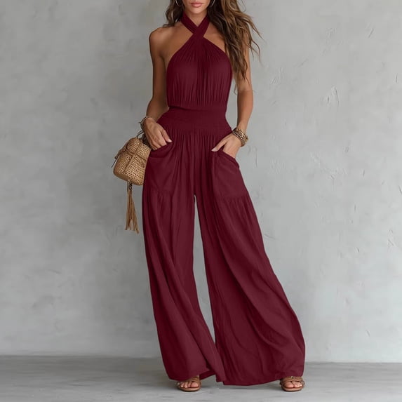 Aimik Womens Backless Jumpsuits Sleeveless Halter Ruched Waist Wide Leg Jumpsuits Summer Vacation Trendy One Piece Jumpsuit for Women