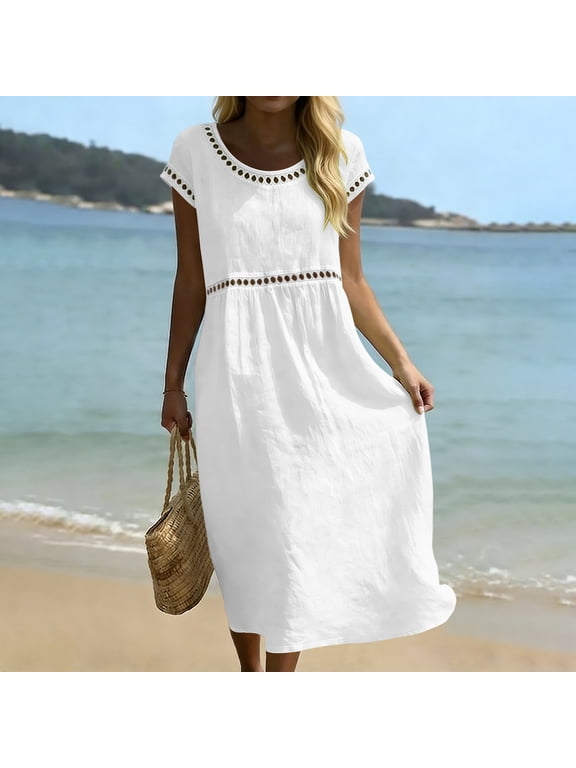 Womens Cotton Linen Casual Midi Dress with Trim and Pockets Summer Short Sleeve Round Neck Vacation Dress