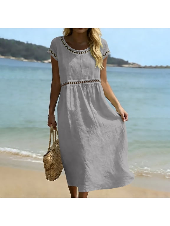 Womens Cotton Linen Casual Midi Dress with Trim and Pockets Summer Short Sleeve Round Neck Vacation Dress