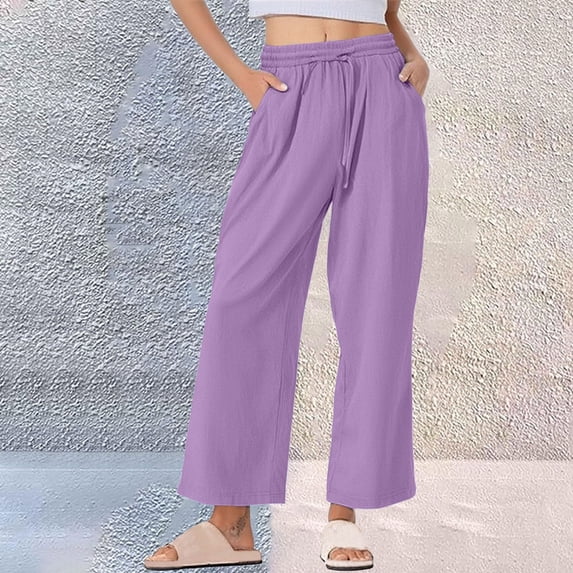 Aimik Womens Fashion Solid Color Elastic Waist Plus Size Long Pants with Drawstring Summer Casual and Loose Trousers