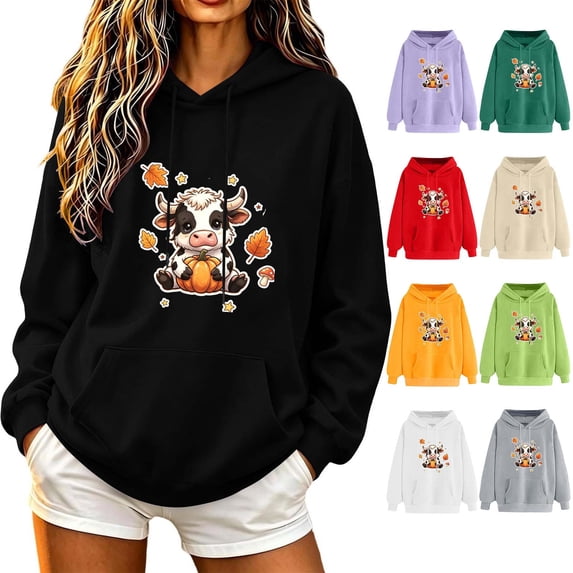 Aimik Womens Funny Cow Graphic Hoodies Sweatshirts Long Sleeve Pullover Tops with Drawstring Pockets Fall Loose Comfy Hoodied Tops