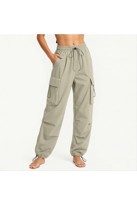Womens High Waist Plus Size Wide Leg Pants With Ruffle Hem Casual Loose Cargo Trousers With Pockets Solid Color Pants