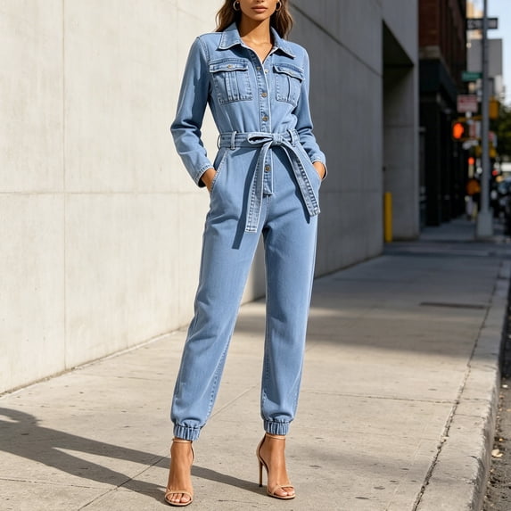 Aimik Womens Jumpsuits Long Sleeve Collared Belted Jogger Denim Overalls Fall Workout Trendy One Piece Jumpsuit for Women