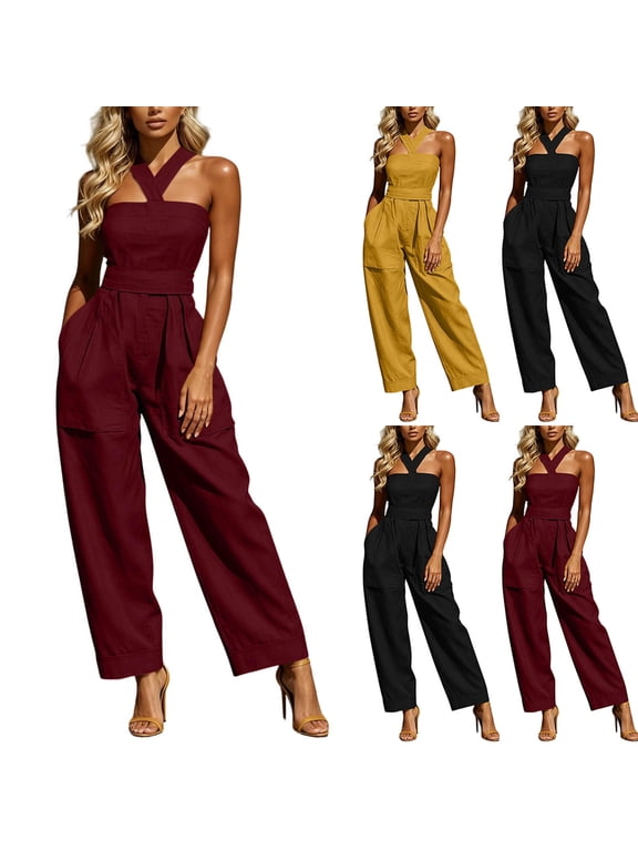 Womens Jumpsuits Sleeveless Crisscross Halter Backless Wide Leg Jumpsuits Summer Vacation Trendy Dressy Jumpsuit for Women