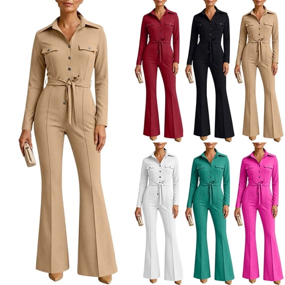 Aimik Womens Long Sleeve Button Down Jumpsuits Lapel Belted Wide Leg Flare Jumpsuits Fall Casual Dressy One Piece Jumpsuit for Women