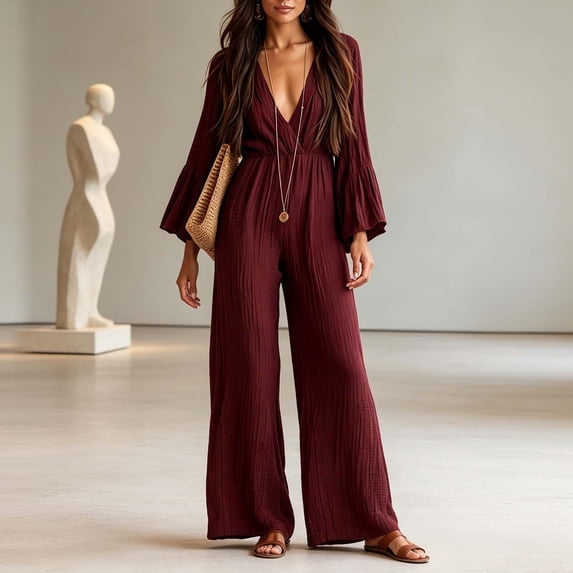 Aimik Womens Long Sleeve Deep V Neck Jumpsuits Bell Sleeve Wide Leg Jumpsuits Fall Casaul Fashion One Piece Jumpsuit for Women