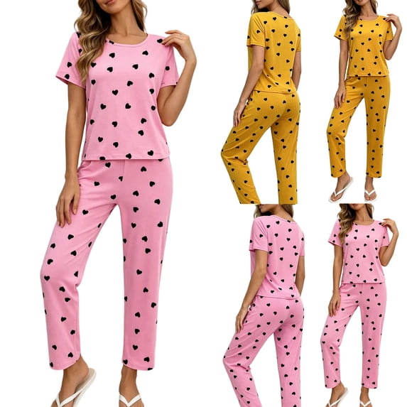 Aimik Womens Pajama Set Two Piece Short Sleeve Top and Long Pants Ladies Trendy Matching Oufits Casual Loungewear Set,Pink,M