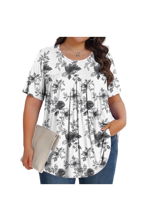 Womens Plus Size Tops Tunic Short Sleeve Crew Neck Shirts Floral Print Blouses Loose Summer Tops