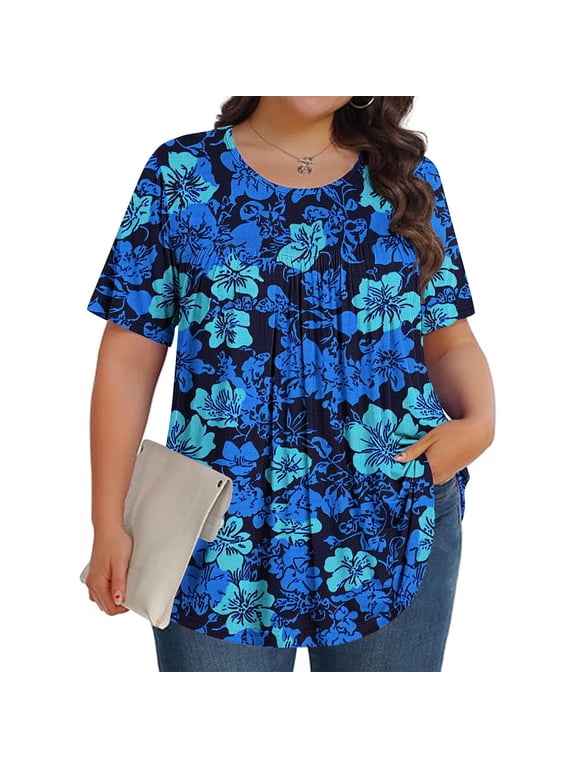 Womens Plus Size Tops Tunic Short Sleeve Crew Neck Shirts Floral Print Blouses Loose Summer Tops