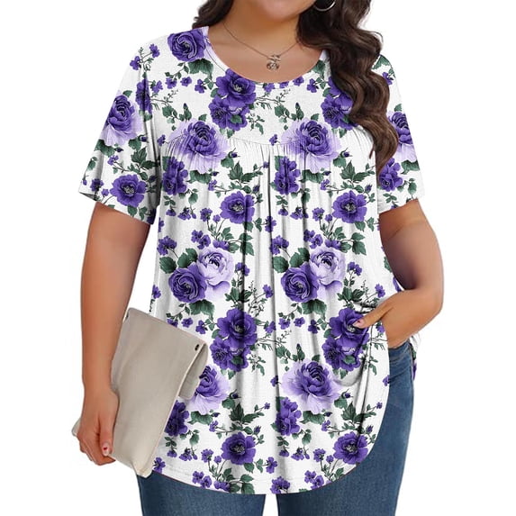 Aimik Womens Plus Size Tops Tunic Short Sleeve Crew Neck Shirts Floral Print Blouses Loose Summer Tops