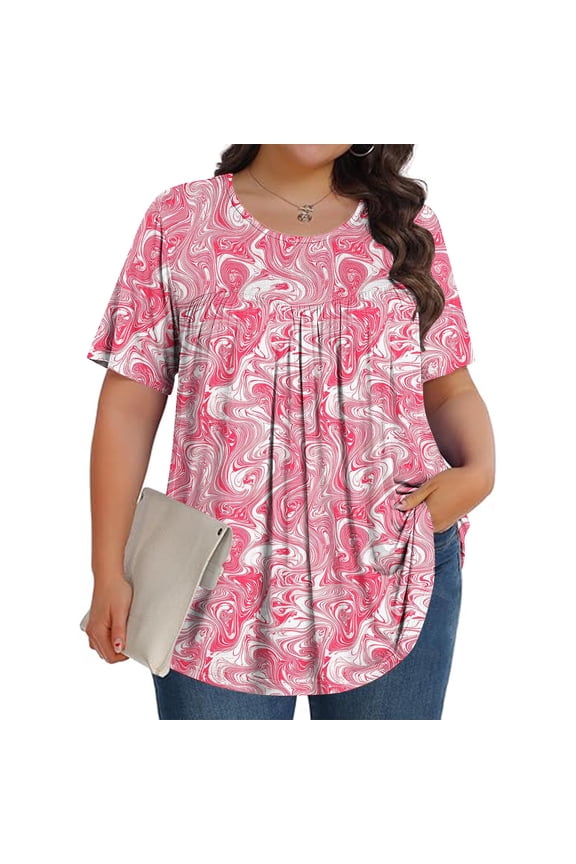 Womens Plus Size Tops Tunic Short Sleeve Crew Neck Shirts Floral Print Blouses Loose Summer Tops