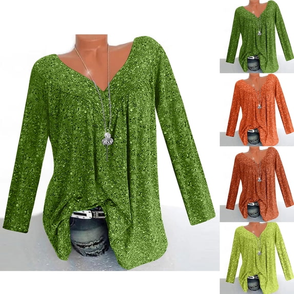 Aimik Womens Plus Size V-Neck Tops Ruched Tunic Long Sleeve T-shirt Summer Clothes Casual Tunic Blouse