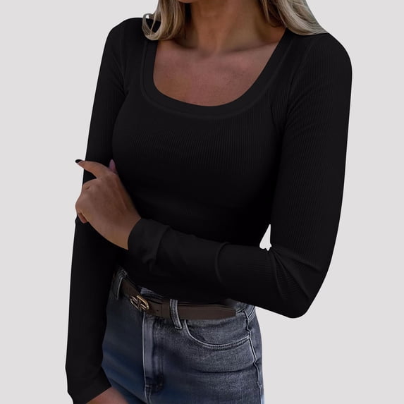Aimik Womens Ribbed Scoop Neck Long Sleeve Tops Fitted Stretch Knit Slim Fit Shirts Casual Trendy Tees for Fall