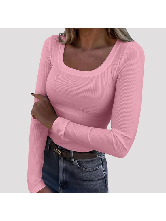 Womens Ribbed Scoop Neck Long Sleeve Tops Fitted Stretch Knit Slim Fit Shirts Casual Trendy Tees for Fall