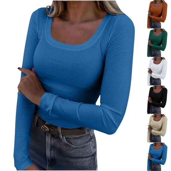 Aimik Womens Ribbed Scoop Neck Long Sleeve Tops Fitted Stretch Knit Slim Fit Shirts Casual Trendy Tees for Fall