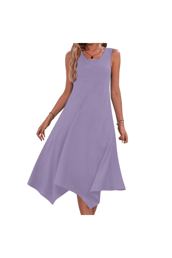 Womens Ruffle A-Line Mini Dresses Summer Sleeveless Round Neck Solid Color Casual Loose and Comfortable Long Dress