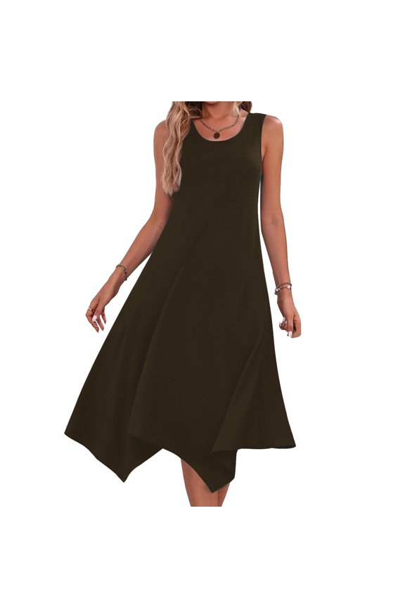 Womens Ruffle A-Line Mini Dresses Summer Sleeveless Round Neck Solid Color Casual Loose and Comfortable Long Dress