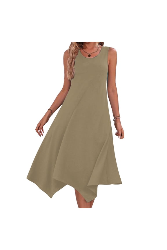 Womens Ruffle A-Line Mini Dresses Summer Sleeveless Round Neck Solid Color Casual Loose and Comfortable Long Dress