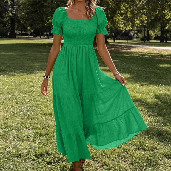 Aimik Womens Smocked Midi Dress Square Neck Puff Short Sleeve Tiered Ruffle A Line Flowy Dresses for Spring Summer