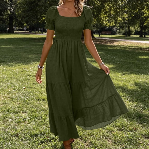 Aimik Womens Smocked Midi Dress Square Neck Puff Short Sleeve Tiered Ruffle A Line Flowy Dresses for Spring Summer