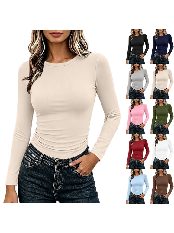 Womens Stretch Fitted Long Sleeve Shirts Scoop Neck Basic Tee Slim Fit Comfortable Fall Tops