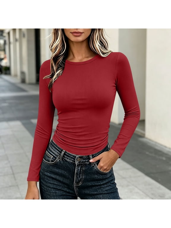 Womens Stretch Fitted Long Sleeve Shirts Scoop Neck Basic Tee Slim Fit Comfortable Fall Tops