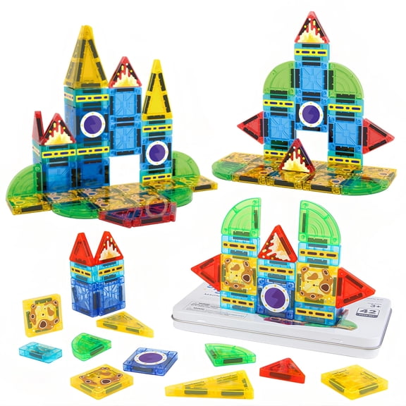 Aimlovs Magnetic Tiles 42-Piece Set, Space Station Rocket Building Blocks, STEM Toy for Kids Boys Girls Ages 3+, Travel Tin Case Birthday Gift