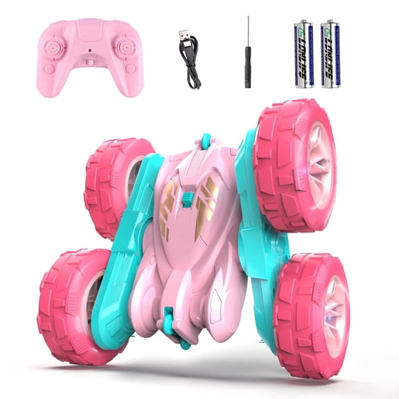 Aimlovs Pink RC Stunt Car for Girls, 2.4GHz Double-Sided 360Β° Rotating Remote Control Toy with USB-C Charging, LED Wheels, Gift for Kids Ages 6-12