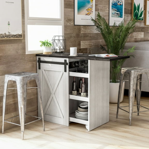 Aimmy 3-Shelf Wood Expandable Buffet, White Oak and Distressed Gray