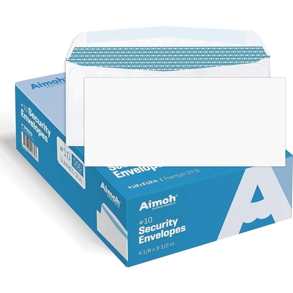 Aimoh Gummed #10 Security Envelopes, Windowless Mailing Envelopes, White, 4-1/8" x 9-1/2", 500 Count