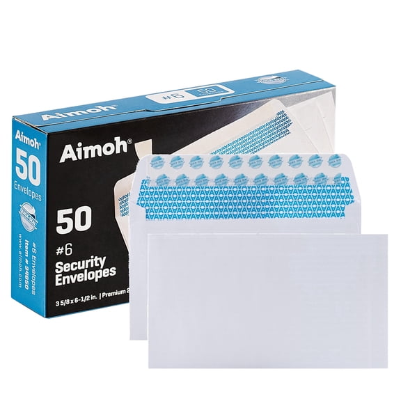 Aimoh Self-Seal #6 3/4 Security Envelopes, Windowless Mailing Envelopes, White, 3- 5/8” x 6- 1/2”, 50 Count