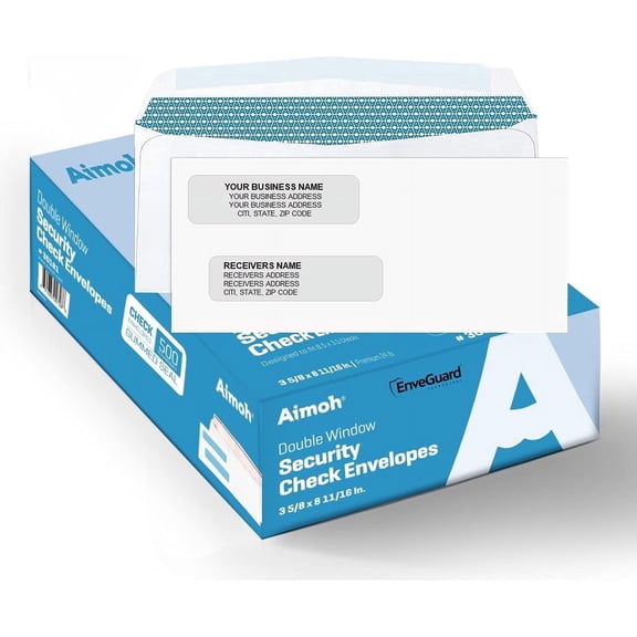 Aimoh Gummed #8 Security Envelopes for Business Checks, Double Window, White, 3 5/8” x 8 11/16”, 500 Count