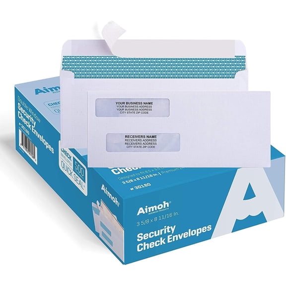 Aimoh Self-Seal #8 Security Envelopes for Business Checks, Double Window, White, 3 5/8” x 8 11/16”, 500 Count