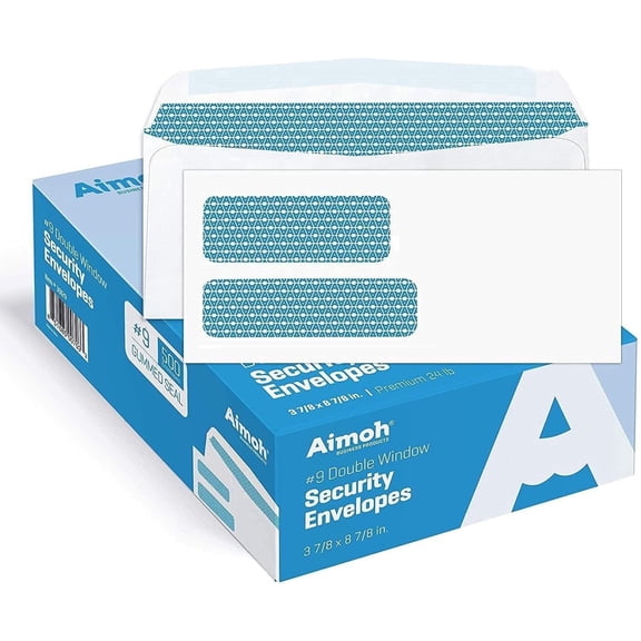Aimoh Gummed #9 Security Business Envelopes, Double Window Mailing Envelopes, White, 3-7/8" x 8-7/8", 2500 Count
