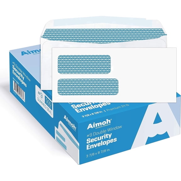 Aimoh Gummed #9 Security Business Envelopes, Double Window Mailing Envelopes, White, 3-7/8" x 8-7/8", 500 Count