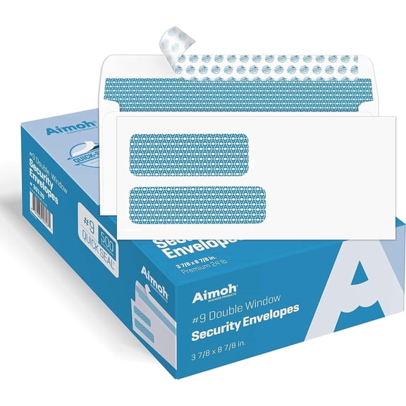 Aimoh Self-Seal #9 Security Business Envelopes, Double Window Mailing Envelopes, White, 3-7/8" x 8-7/8", 2500 Count