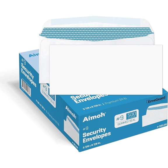 Aimoh Gummed Closure #9 Security Business Envelopes, Windowless Mailing Envelopes, White, 3-7/8" x 8-7/8", 2500 Count