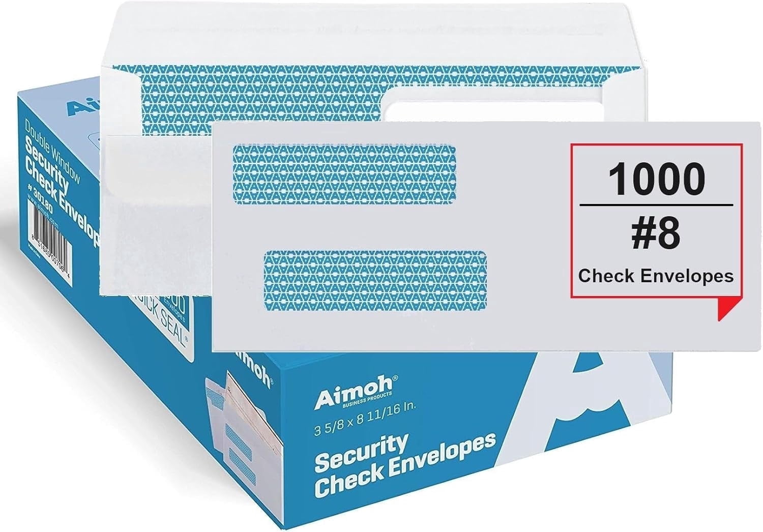 Aimoh Flip and Seal #8 Security Envelopes for Business Checks, Double Window, White, 3 5/8” x 8 11/16”, 1000 Count