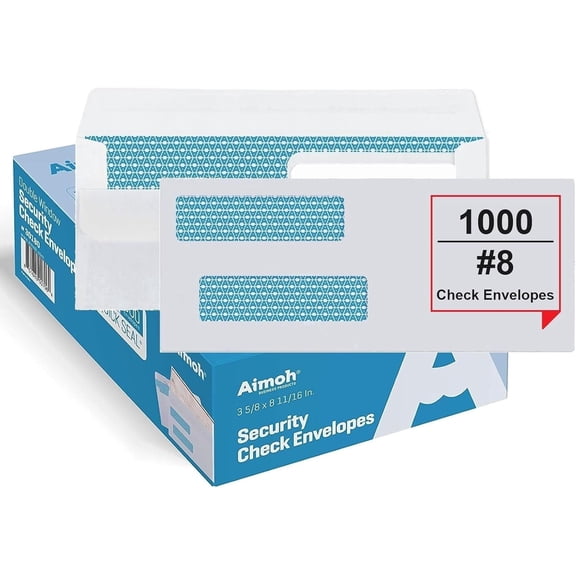 Aimoh Flip and Seal #8 Security Envelopes for Business Checks, Double Window, White, 3 5/8” x 8 11/16”, 1000 Count