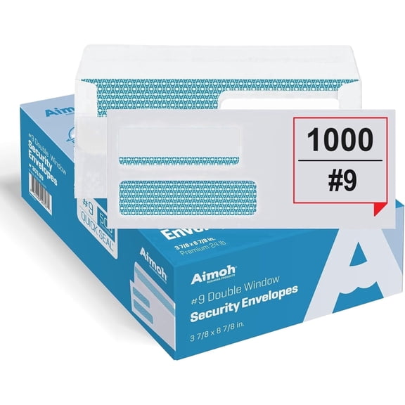 Aimoh Flip and Seal #9 Security Business Envelopes, Double Window Mailing Envelopes, White, 3-7/8" x 8-7/8", 1000 Count