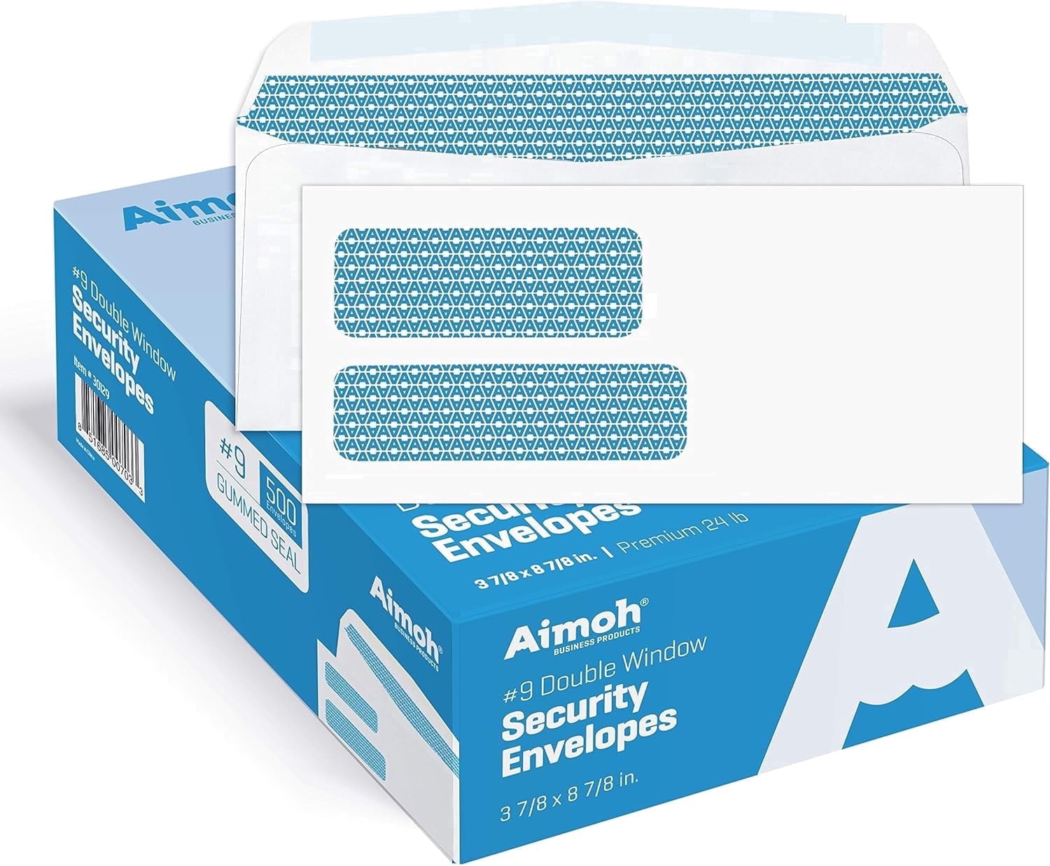 Aimoh Gummed #9 Security Business Envelopes, Double Window Mailing Envelopes, White, 3-7/8" x 8-7/8", 1000 Count
