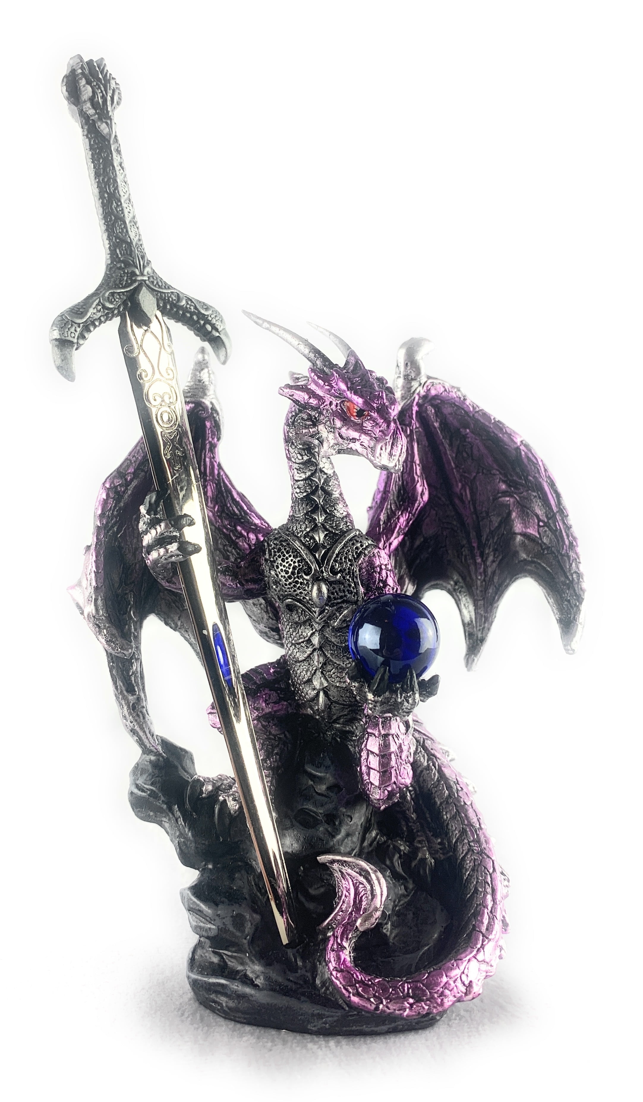 Ain’t It Nice Dragon Statue with Medieval Dragon Sword and Crystal Ball Collectible Dragon Figurine Fantasy Medieval Dragon Décor, Purple 4(L) 2(W) 7(H) inches