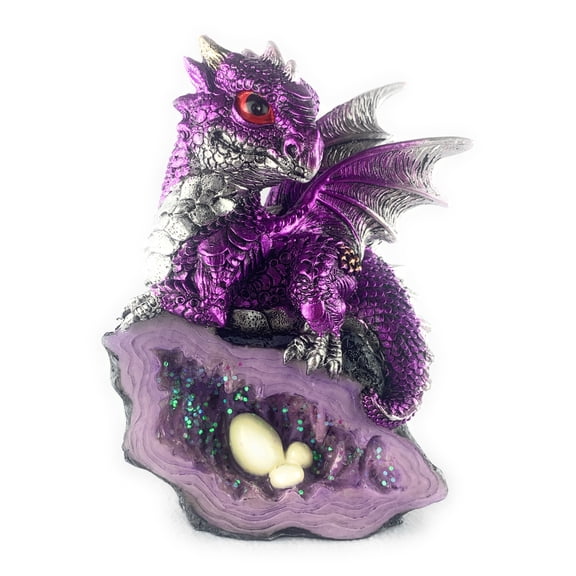 Aint It Nice Dragon Statue Medieval Baby Dragon with Crystal Egg Nest Decorative Figurine Geode Sparkling Crystal Cave Dragon Figurine Collectible Fantasy, Dark Purple 4(L) 2(W) 5(H) inches