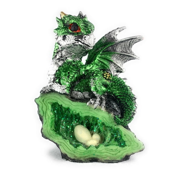 Ain’t It Nice Dragon Statue Medieval Baby Dragon with Crystal Egg Nest Decorative Figurine Geode Sparkling Crystal Cave Dragon Figurine Collectible Fantasy, Green 4(L) 2(W) 5(H) inches