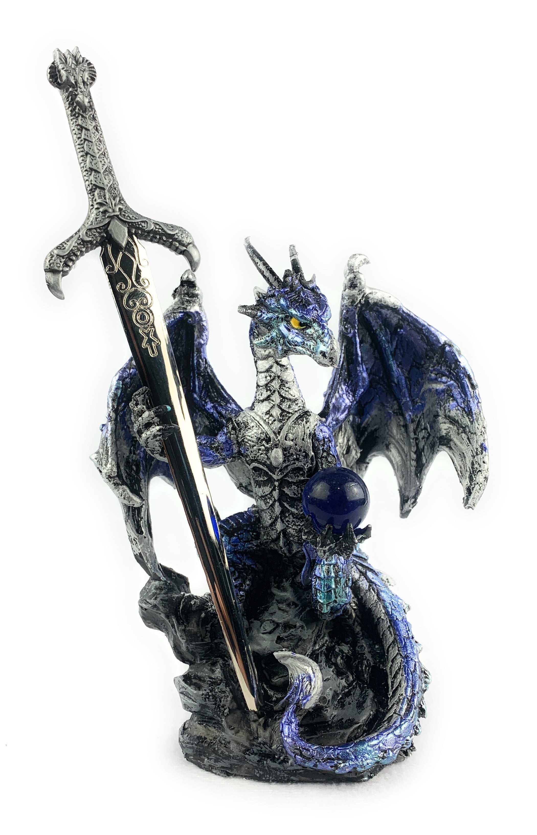 Ain’t It Nice Dragon Statue with Medieval Dragon Sword and Crystal Ball Collectible Dragon Figurine Fantasy Medieval Dragon Décor, Blue 4(L) 2(W) 7(H) inches