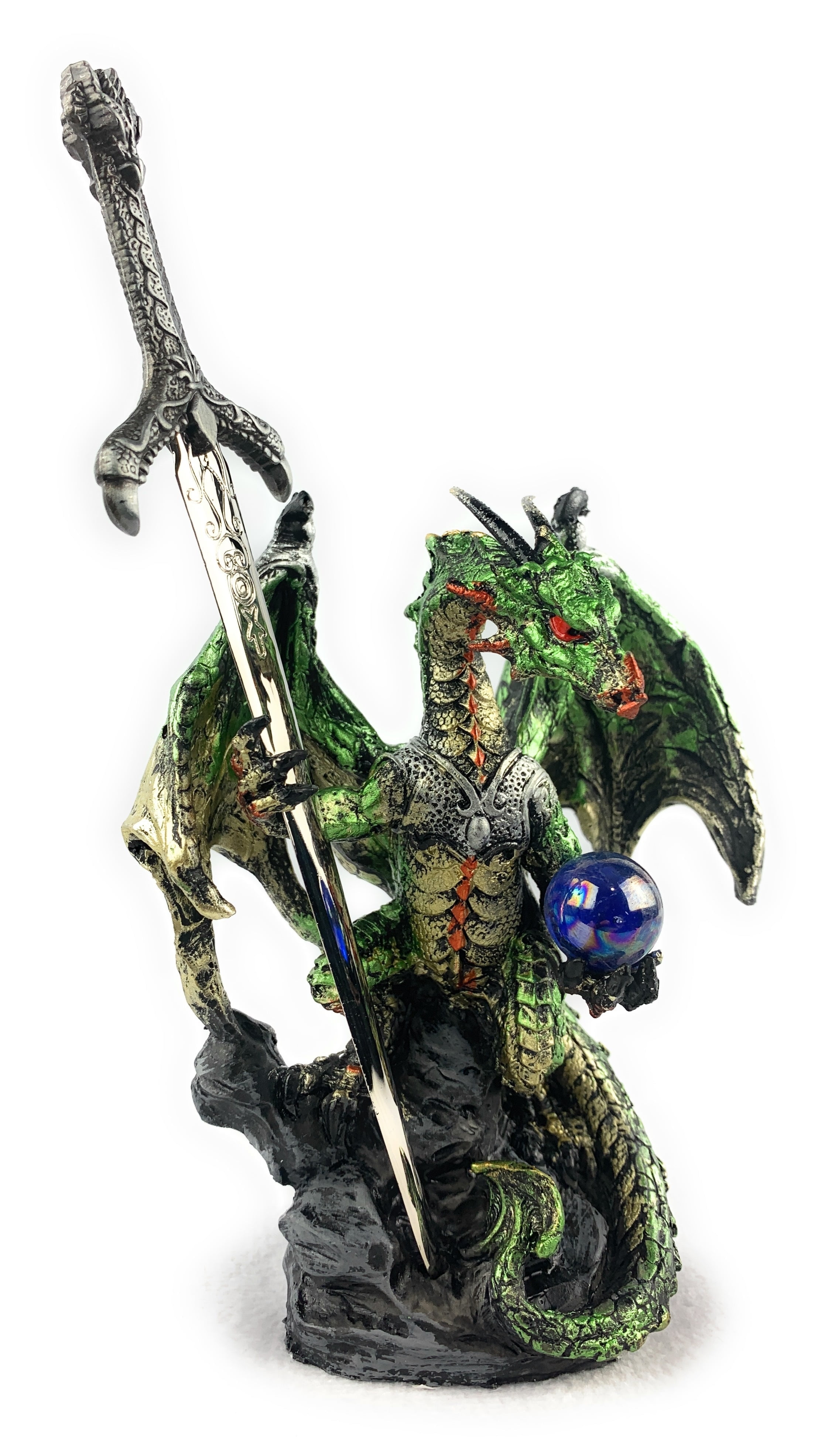 Ain’t It Nice Dragon Statue with Medieval Dragon Sword and Crystal Ball Collectible Dragon Figurine Fantasy Medieval Dragon Décor, Green 4(L) 2(W) 7(H) inches