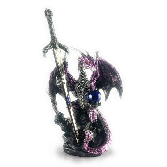 Ain’t It Nice Dragon Statue with Medieval Dragon Sword and Crystal Ball Collectible Dragon Figurine Fantasy Medieval Dragon Décor, Purple 4(L) 2(W) 7(H) inches