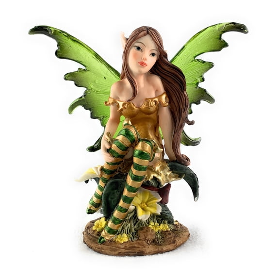 Ain’t It Nice Fairy Figurine Green with Clear Wings and Colorful Striped Socks Enjoying Nature Surrounded by Flowers Collectible Fairy Statue Fantasy Décor Sculpture, 4.5(L) X 2(W) X 4.5(H) Inches